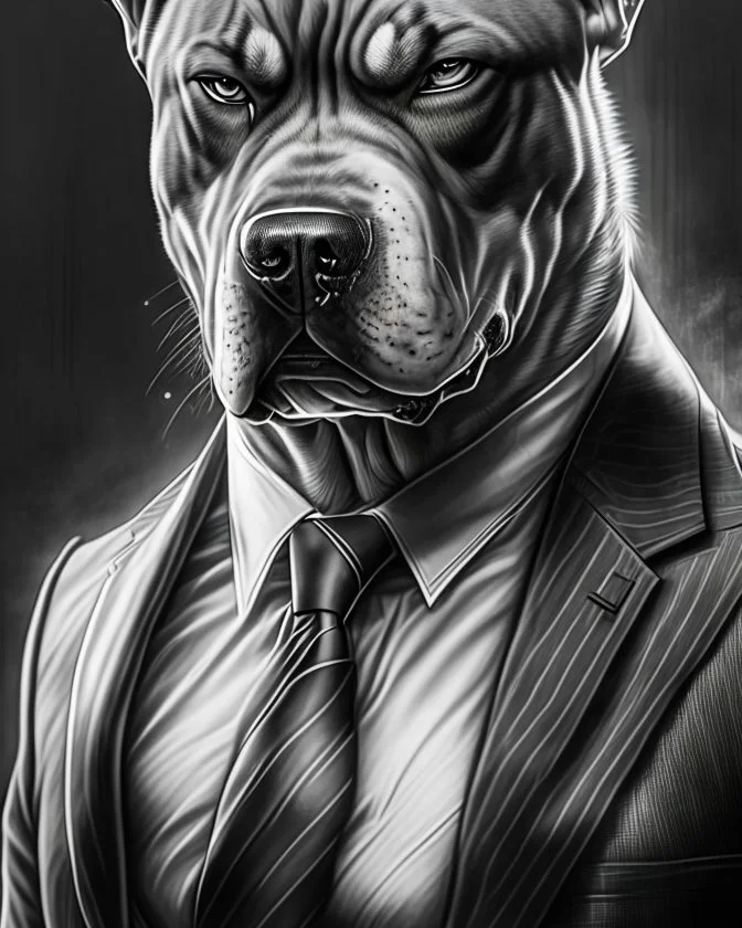 Illustrative sketch of a image of an angry humanoid dog, suit and tie, arte lineal ultra quality, 8k, cuerpo completo