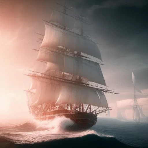 photo of a ultra realistic sailing ship, dramatic light, pale sunrise, cinematic lighting, battered, low angle, trending on artstation, 4k, hyper realistic, focused, extreme details, unreal engine 5, cinematic, masterpiece, art by studio ghibli, intricate artwork by john william turner