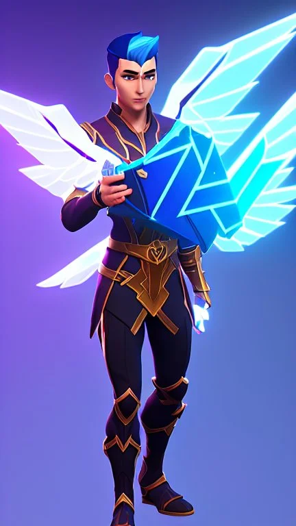 a human male with blue short hair and blue wings in assymetrical armor with geometric patterns and a book in hand, geometric wings