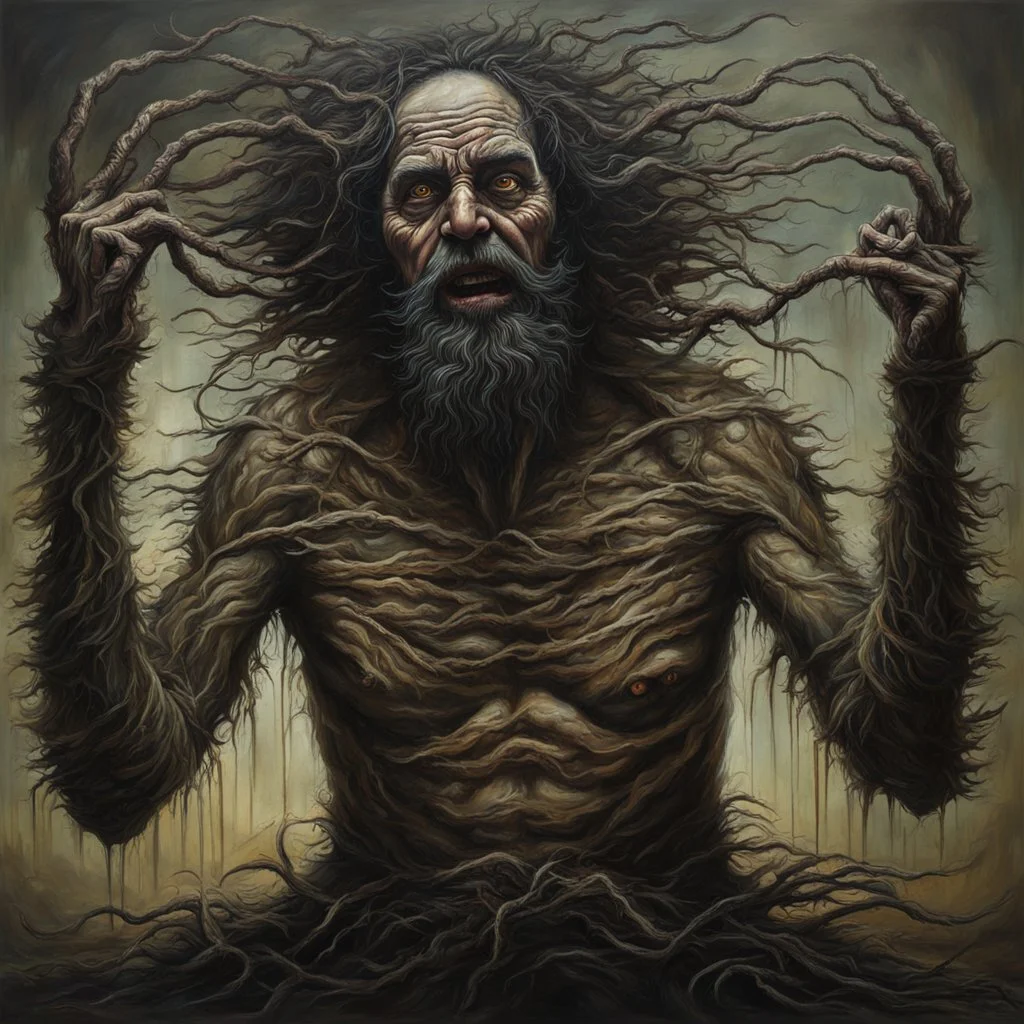 Creepy agonized hairy man starting to transform into another form, kinetic body bending transformation, sinister horror art, by Igor Krstic, eerie dark colors, sinister, hyperdetailed, matte oil painting.