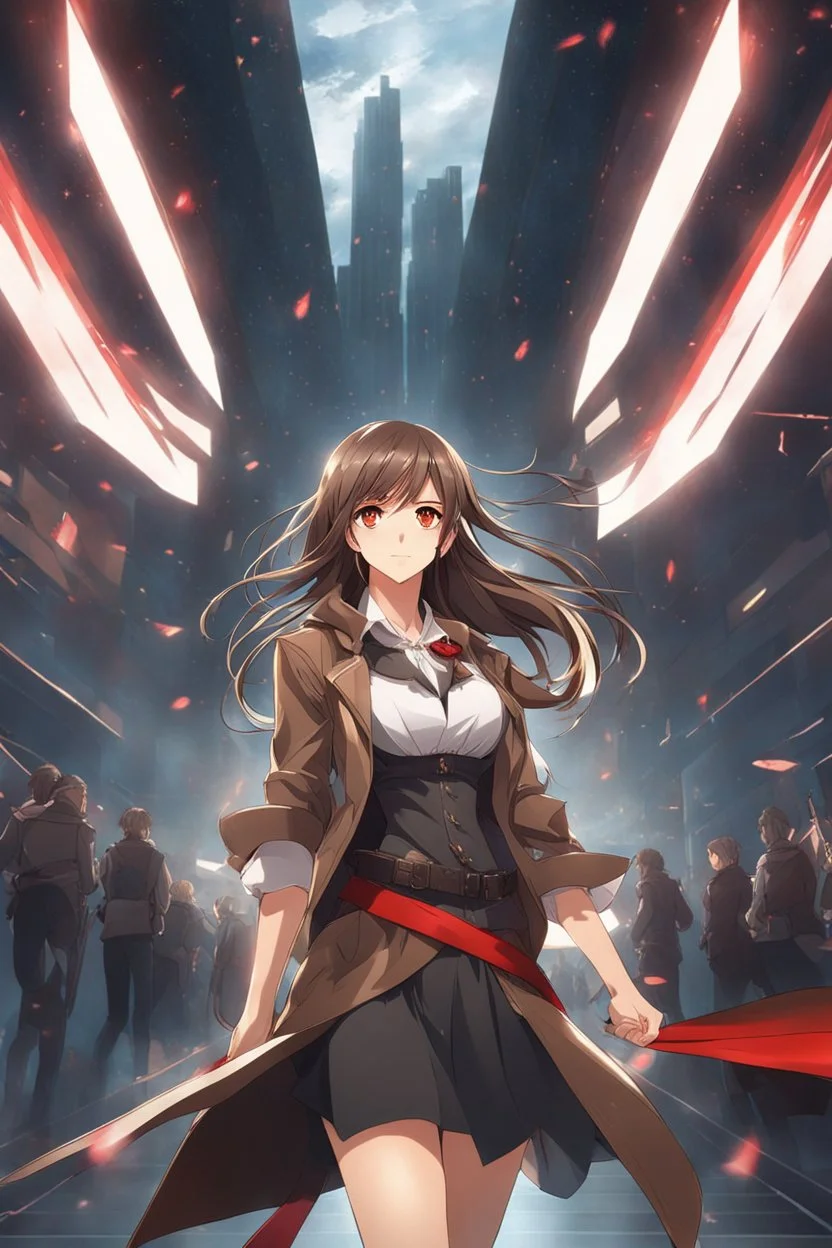 (masterpiece), (anime style), award winning, centered, looking toward camera, long brown hair, confident young woman, red eyes, intricately detailed modern setting, dynamic lighting, dynamic composition, ultra detailed, (epic composition, epic proportion), professional work, wearing casual clothes