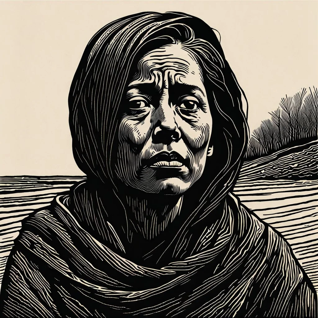 create a deeply powerful tragic, heart wrenching, and evocative, full body woodcut of a raw and weathered young refugee mother with highly detailed and deeply cut facial features, lost in a horrific post apocalyptic Gaza, in the style of KATHE KOLLWITZ , searing lines and forceful strokes