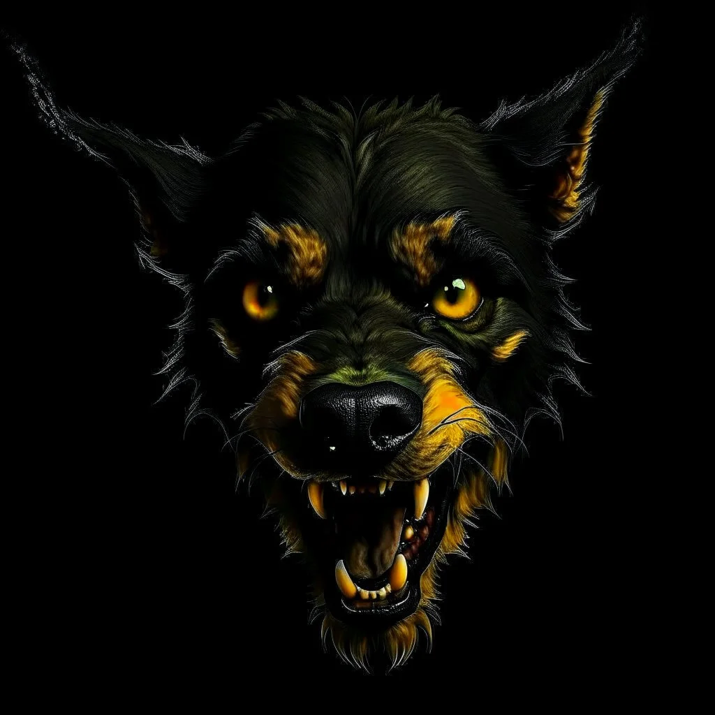 an angry scruffy black terrier on black background, yellow eyes, defined teeth, 30% lighter, illustration