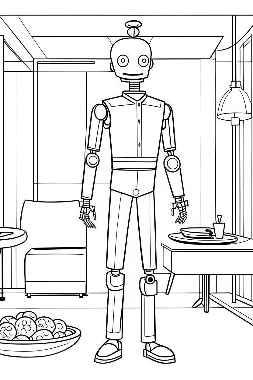 ""Robot Butler Service: Your Personal Assistant in the STAR Hotel of 2050." each unique, flat vector, full view, only draw lines, clean line art, –no sketch, white background, minimalistic black lines, minimal black color, coloring page, thin black line art, perfect shape, perfect clear lines,