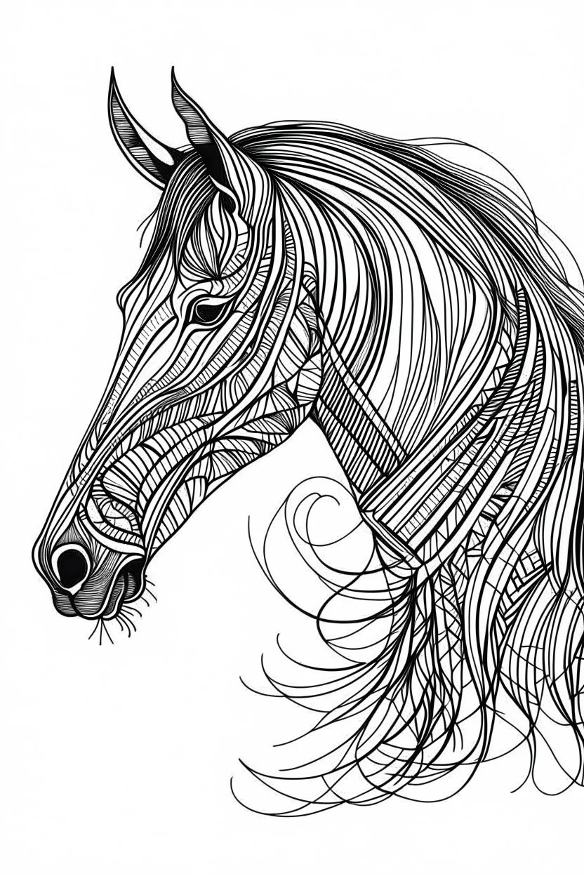 symetrical realistic horse head tattoo idea, line art, background, vector, svg, black outline on white background, leave plenty of white space beetween lines for coloring, tattoo style, tattoo idea,full body, minimalist