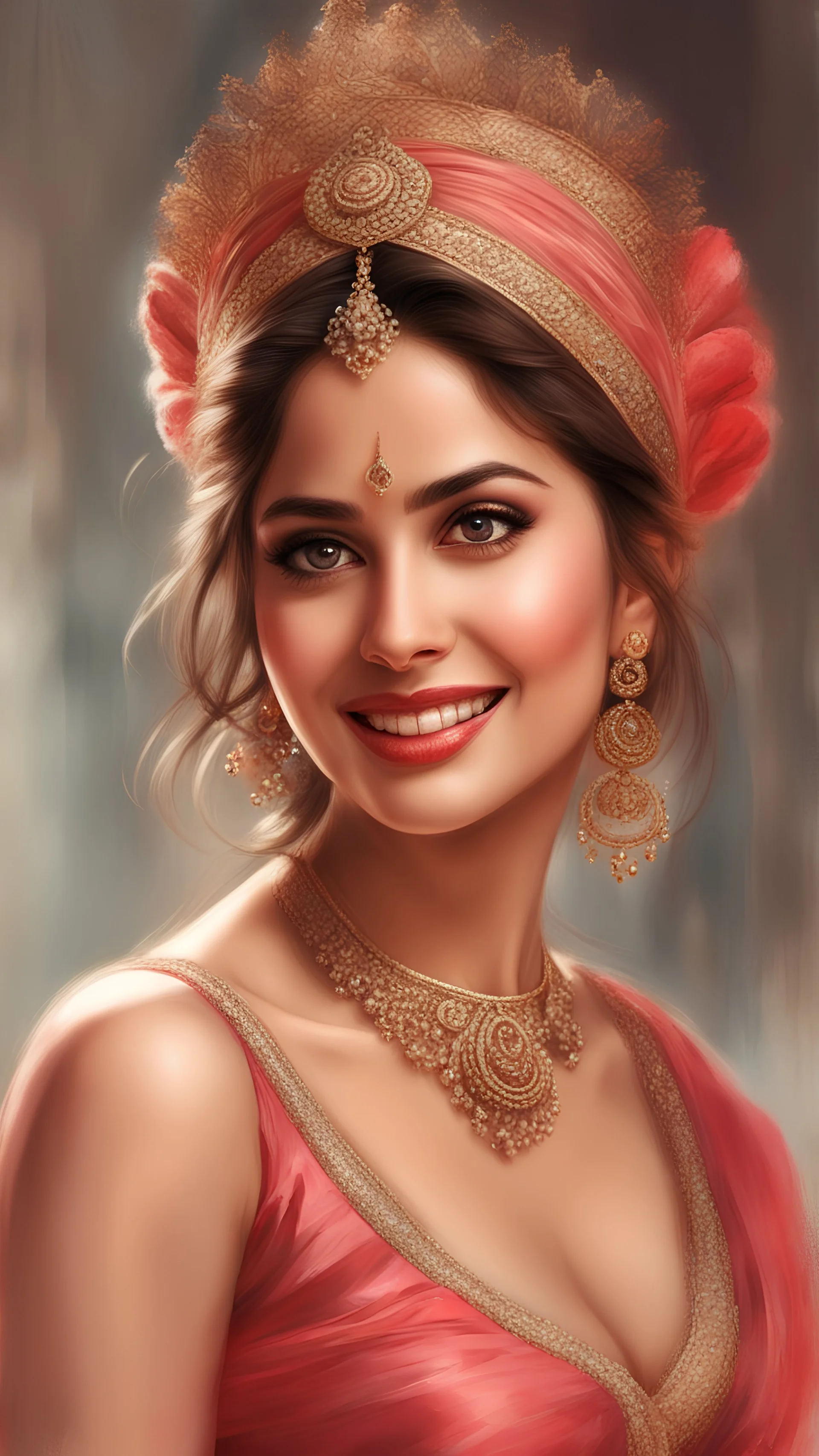 indian actress khatrina kaifbig tittshizabprincess lust smile perfect pink eyes, fantastic face, caucasian, beautiful look, detailed elegant red dress, updo elegant hair, blurred gray tones background, ultra focus, face ilumined, face detailed, 8k resolution, painted, dry brush, brush strokes, razumov style and garmash style