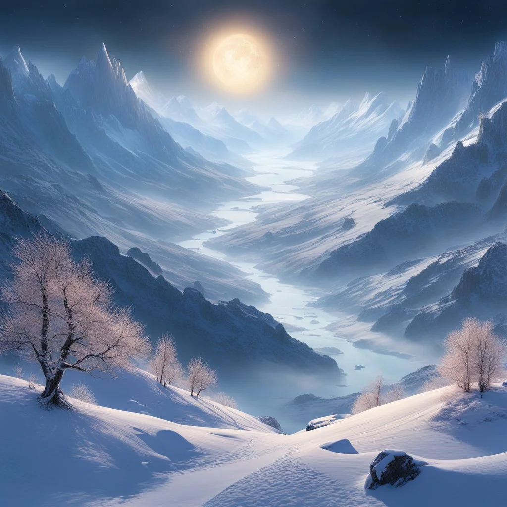 a heroic fantasy landscape of a wide and deep valley, with winter colors, the branches of the trees caught in crystalline frost, with several islets floating above this enchanting valley, asleep in a winter shroud, lit by the glow of a pale star , swirls of scattered mists