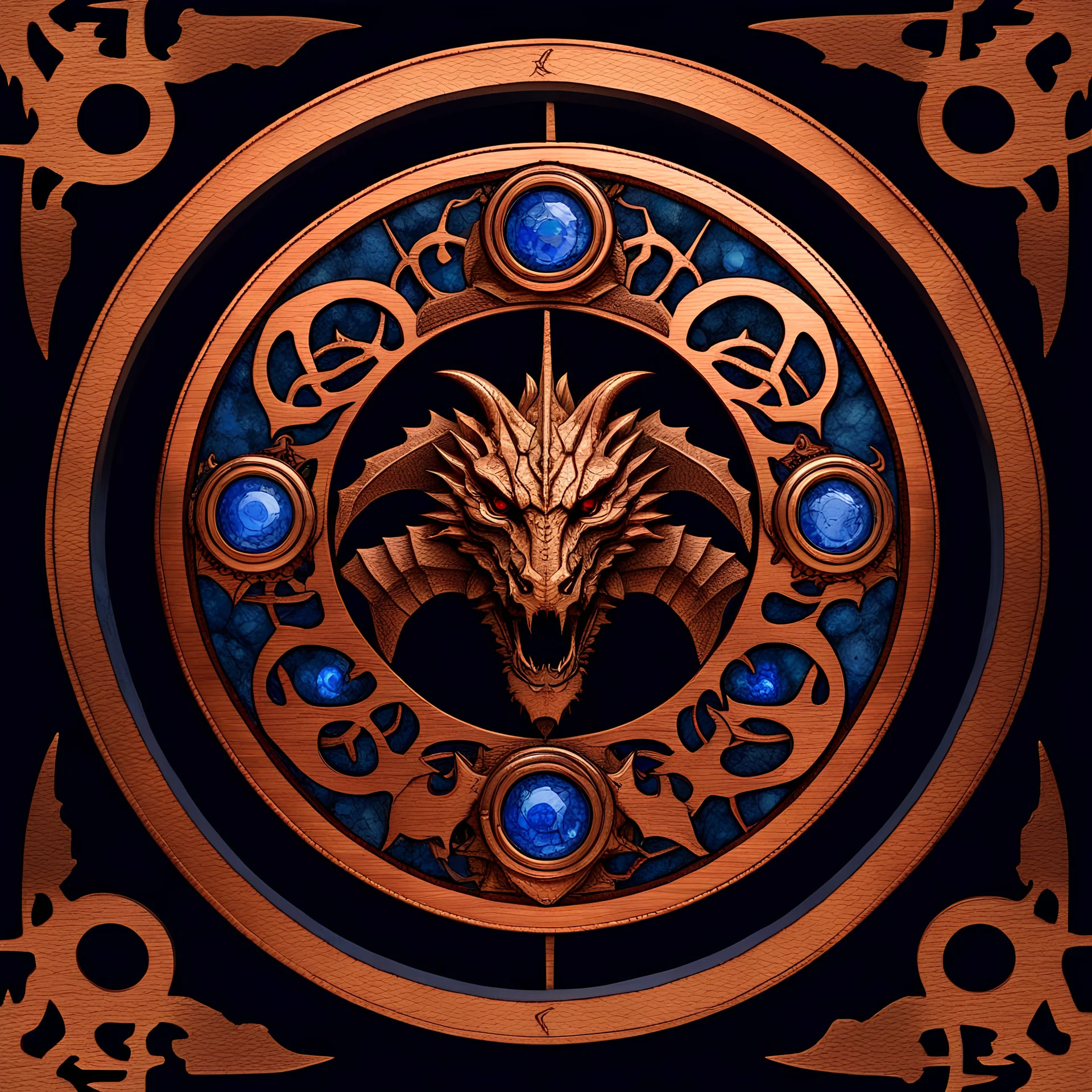 runic sigil showing an engraved cog wheel, completely encircled by a dragon wyrm, material azurite crystal and copper