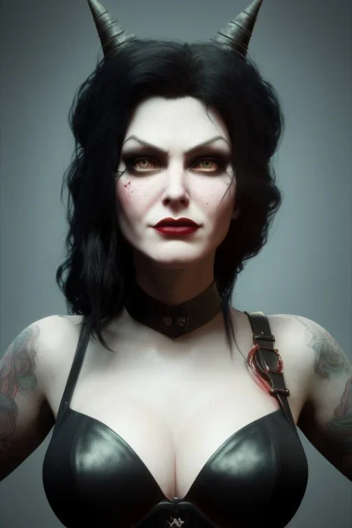 Amy Dumas as evil queen in black leather, leather, busty, cleavage, angry, rage, stern look. character design by cory loftis, fenghua zhong, ryohei hase, ismail inceoglu and ruan jia. unreal engine 5, artistic lighting, highly detailed, photorealistic, fantasy