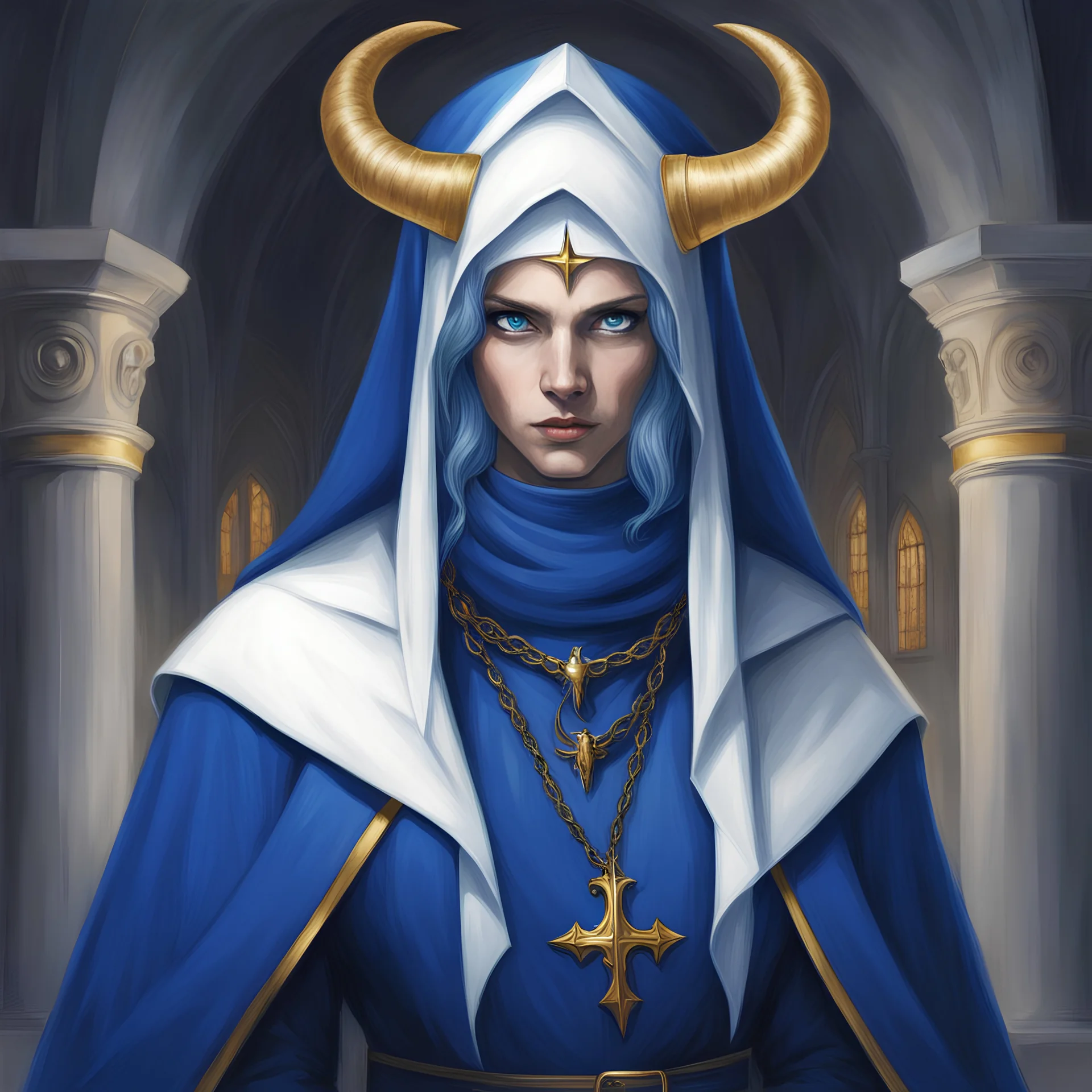 Devil with intense blue eyes and golden horns with long trailing navy blue locks wearing a vivid blue Nun's habit with navy blue scarf white trim and belt and golden necklace background church in the underworld in pencil art style