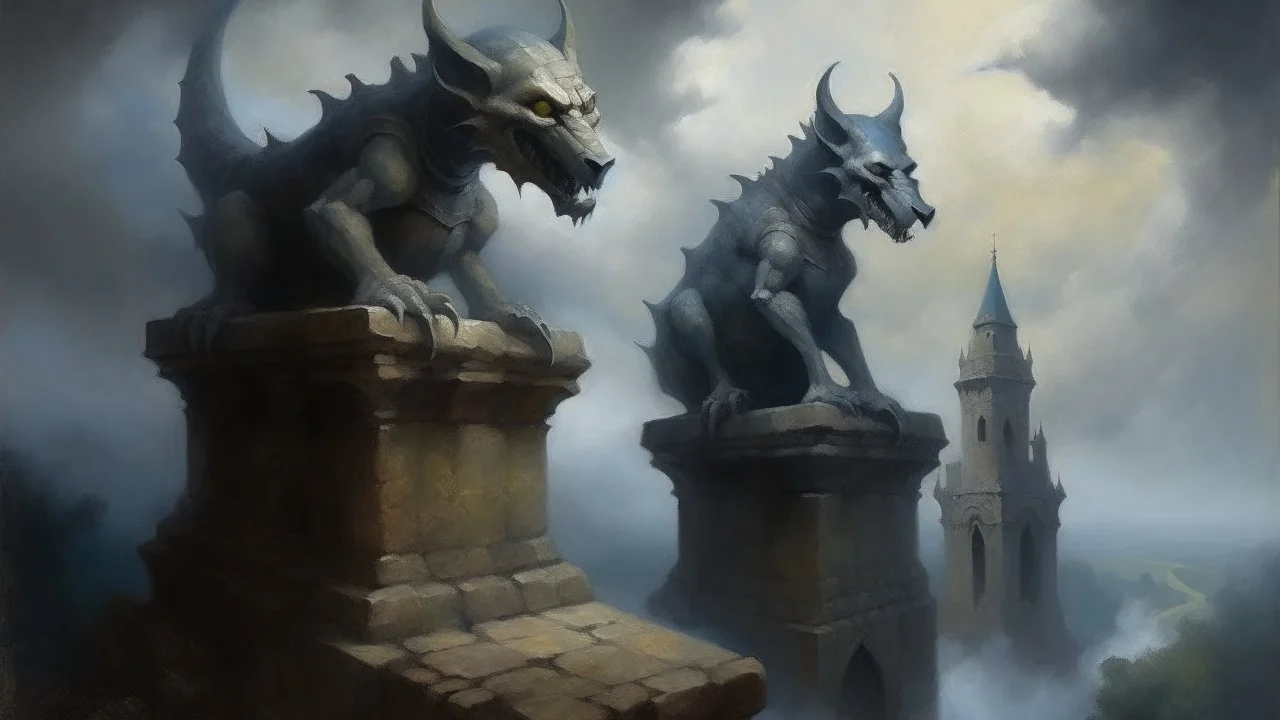 A hauntingly beautiful oil painting depicting ancient stone gargoyles keeping watch from the top of a crumbling castle, engulfed in mist and shadow