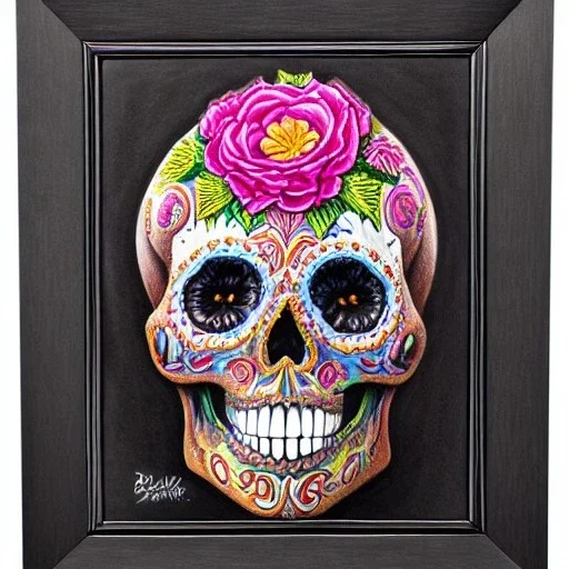 high-quality, fine-detail melted crayon drawing of realistic Day of the Dead skull sculpture with flowers, artwork, 8k, intricate, detailed, ornate, illustration, brian froud, howard lyon, george grie, ben goossens, anna dittman, jeffrey robert, don marco