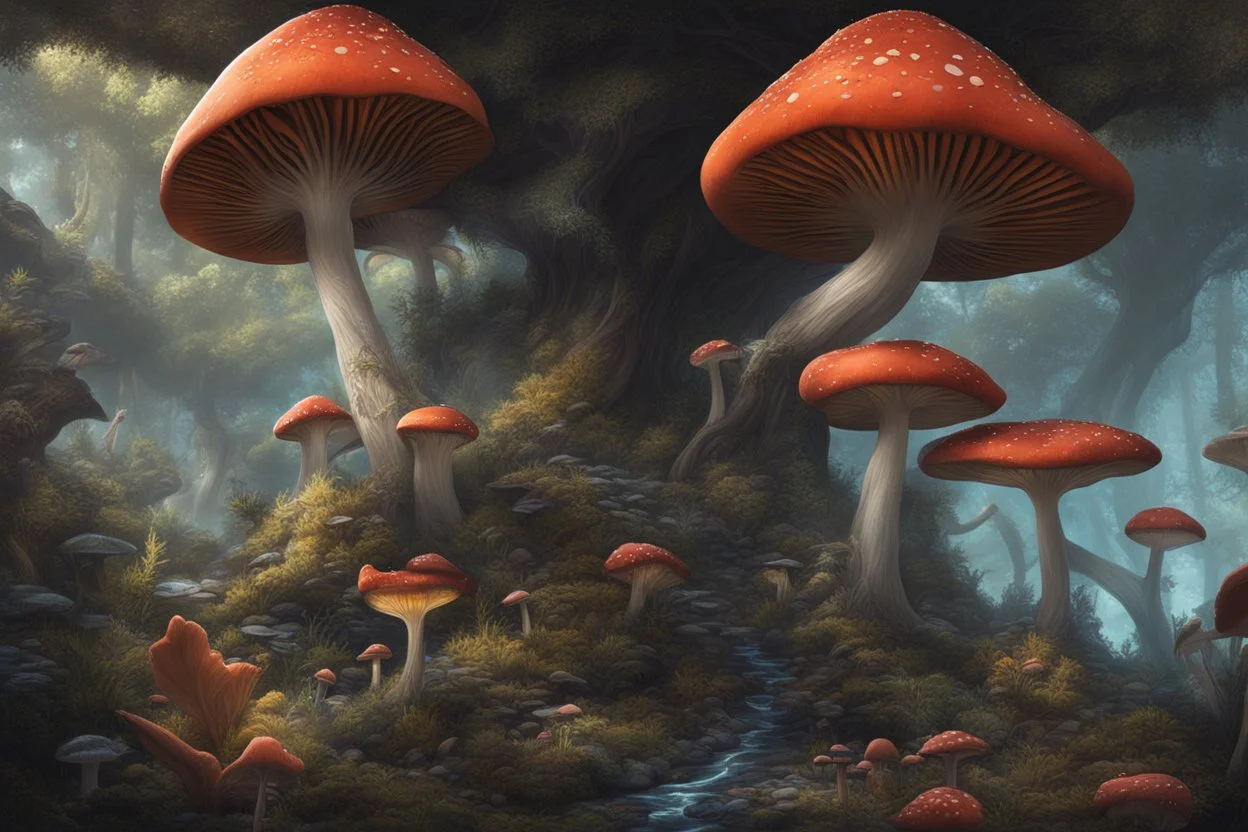 Exotic Flora, fauna, mushrooms, fungi and coral at the End of the Multiverse black liquid Land