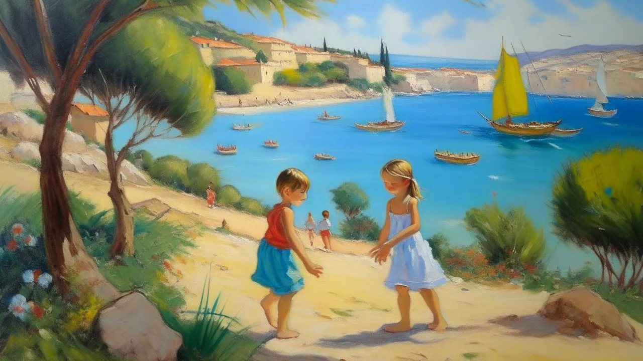 cote d'azur childeren playing win nature painting neoclassism 60