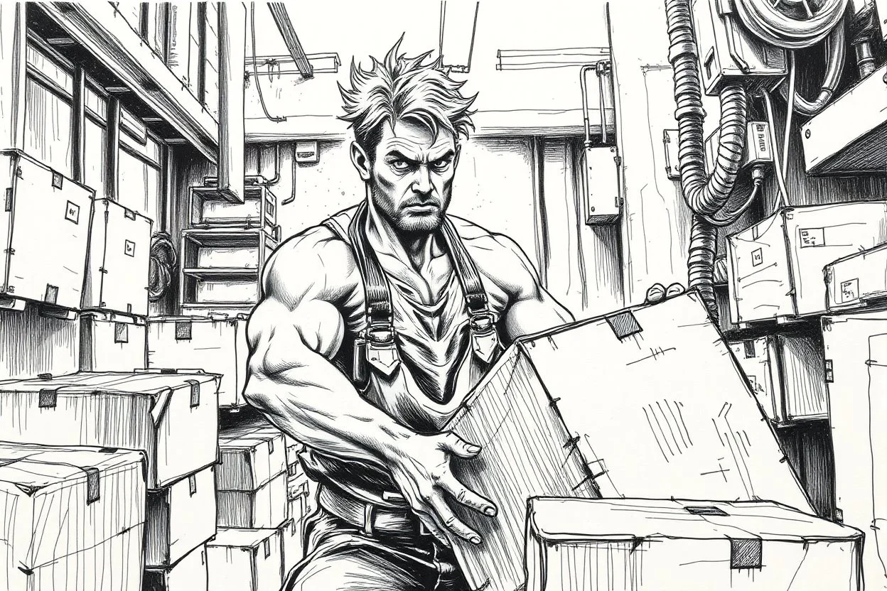 a working man (light swedish hair) pushing objects in a factory, sweating really hard, muscles are exploding, the man have worked through years of day and night never ending, ugly underground black and white fast marker sketch painting rough style, he pushing with raw power boxes and ibc, baxers