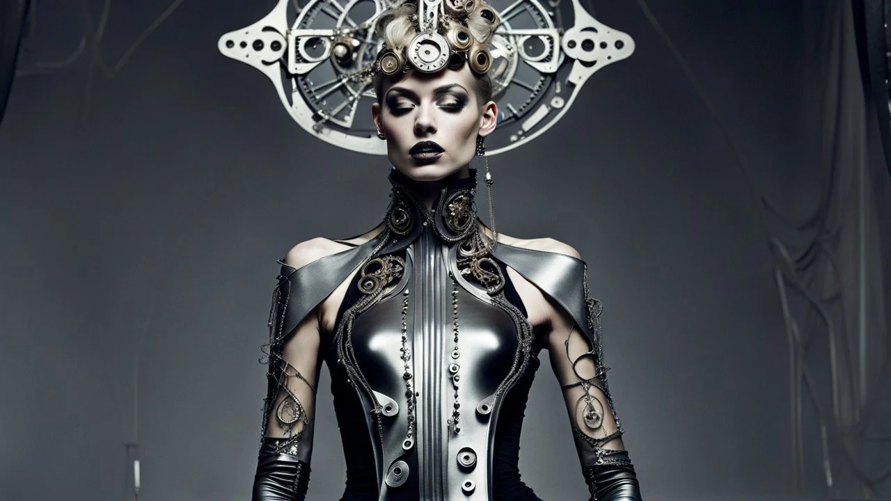 Futuristic steampunk fashion editorial, subtle rococo influences, a slender androgynous model with a pale face, silver abstract nonfigurative tattoos flowing across the face and neck, dark silver and off-white color palette. Wearing an extraordinary long sculptural dress layered over glossy metallic leggings, intricate futuristic steampunk details, elegant mechanical ornaments. Elaborate headpiece combining a decorative hair ornament, rococo hat and futuristic half helmet