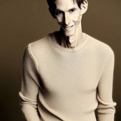 a full picture of a tall rattled skinny man with short dry hair in a light color wearing a knitted sweater