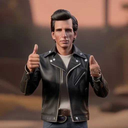 Wide view winkler as Young Fonz with black hair greaser figure doll 1975 (thumbs-up) (face) Forehead grin, fonzarelli, ((arnold's drive-in)) fonzie