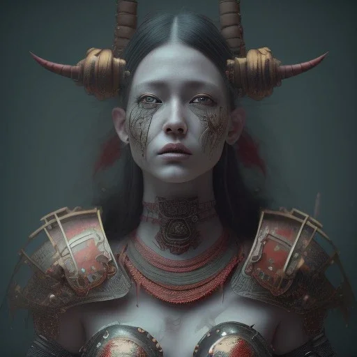 a warrior princess in samurai armor, red tattoo in the face, steam punk, scary, horror, realistic, made in octane, cinematic, movie, CGI, ultra-realistic, extremely detailed octane rendering, 8K, VRAY Super Real ar 2:3, dof photorealistic futuristic 50mm lens hard lighting dark gray tintype photograph, realistic lighting, sephia colors