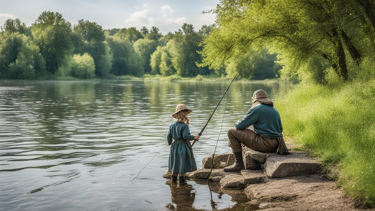 A fisherman fishing on the river bank with a rod next to his young daughter in the Middle Ages