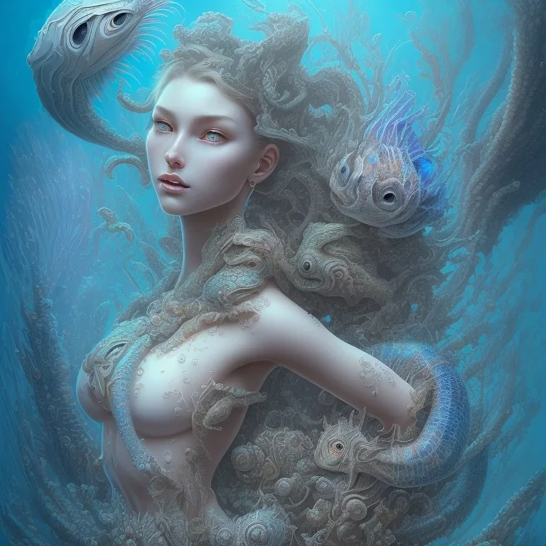 sango fantasy, fantasy magic, intricate, sharp focus, illustration, highly detailed, digital painting, concept art, matte, artgerm and paul lewin and kehinde wiley, masterpiece sexy lips Asain lady body mermaid lionfish head turquoise space lady beach sea under water mermaid seaweed