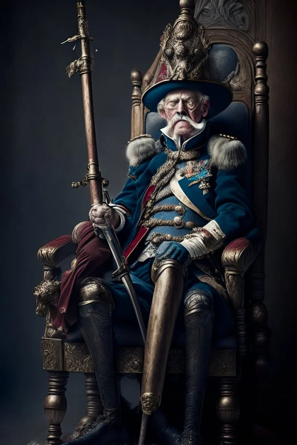 70 years old victorian soldier on a throne with a musket