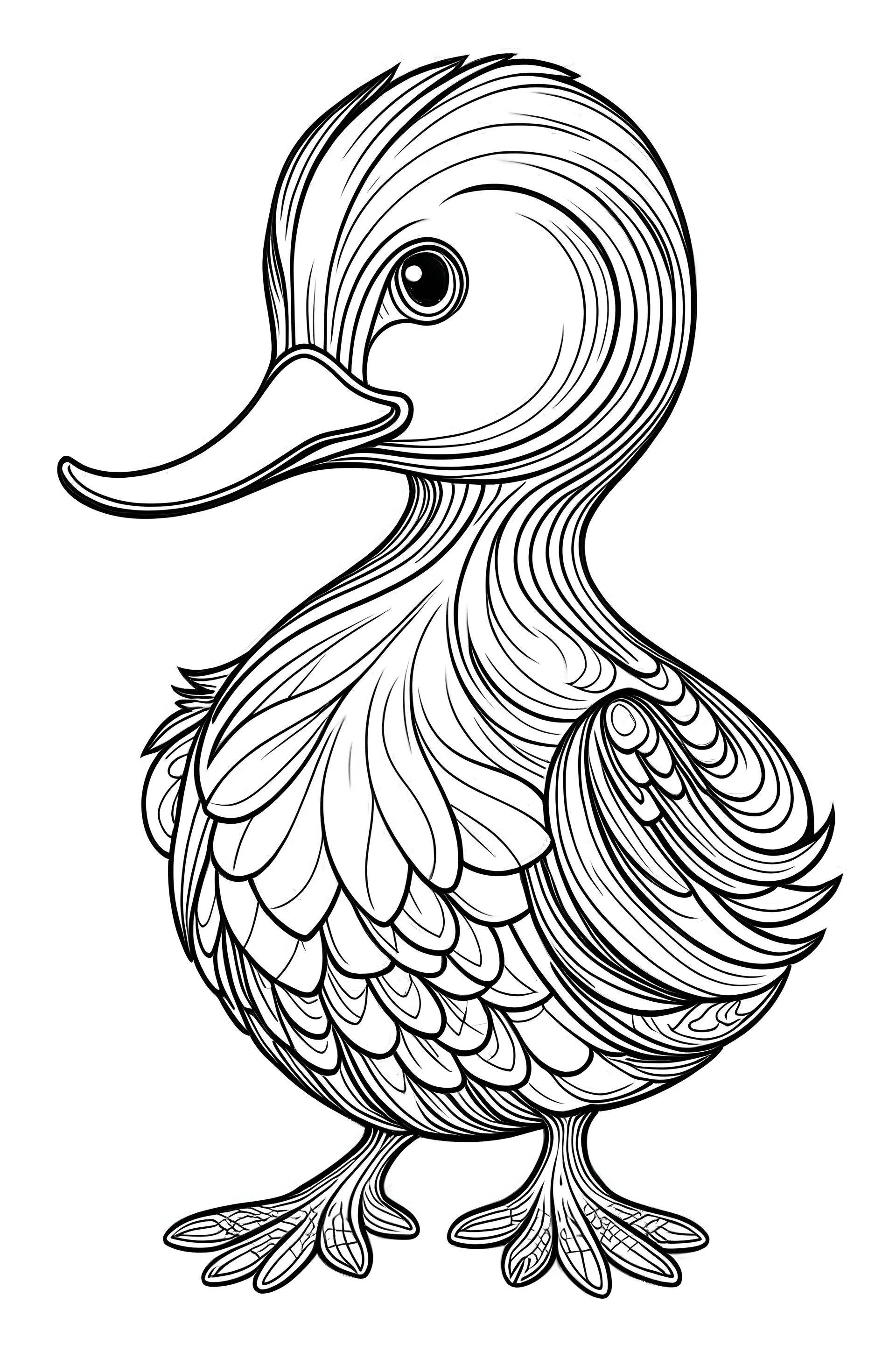 outline art for a cute duck coloring page, white background, Sketch style, full body, only use outline, Mandala style, clean line art, white background, no shadows and clear and well