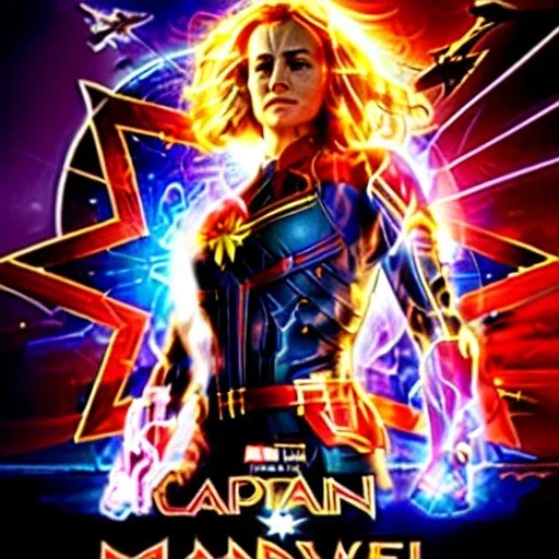 Captain Marvel,flying in the sky, hair on fire, realistic, vibrant colors, Kate beckinsale's face, long hair, gold angel wings, full body, in space, muscular, hyperrealistic, airplane, deathstar, facemask, topless, nuclear explosion, beauty happy face, electricity