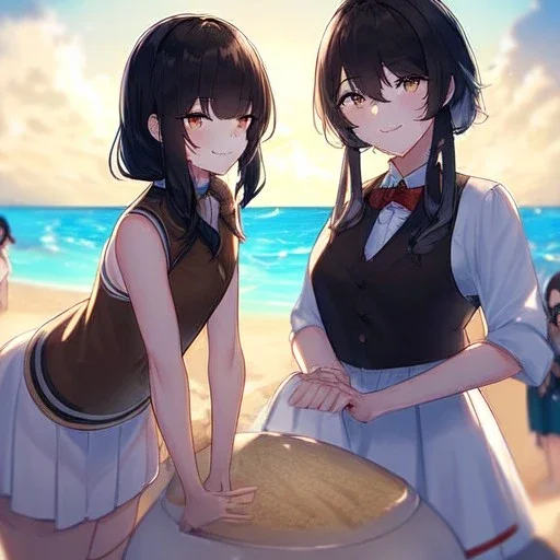 Clear focus, High resolution, black short fluffy hair, long locks, smiling, wearing a brown vest on top of a white skirt, wearing a blue short skirt, at the beach, cinematic lighting