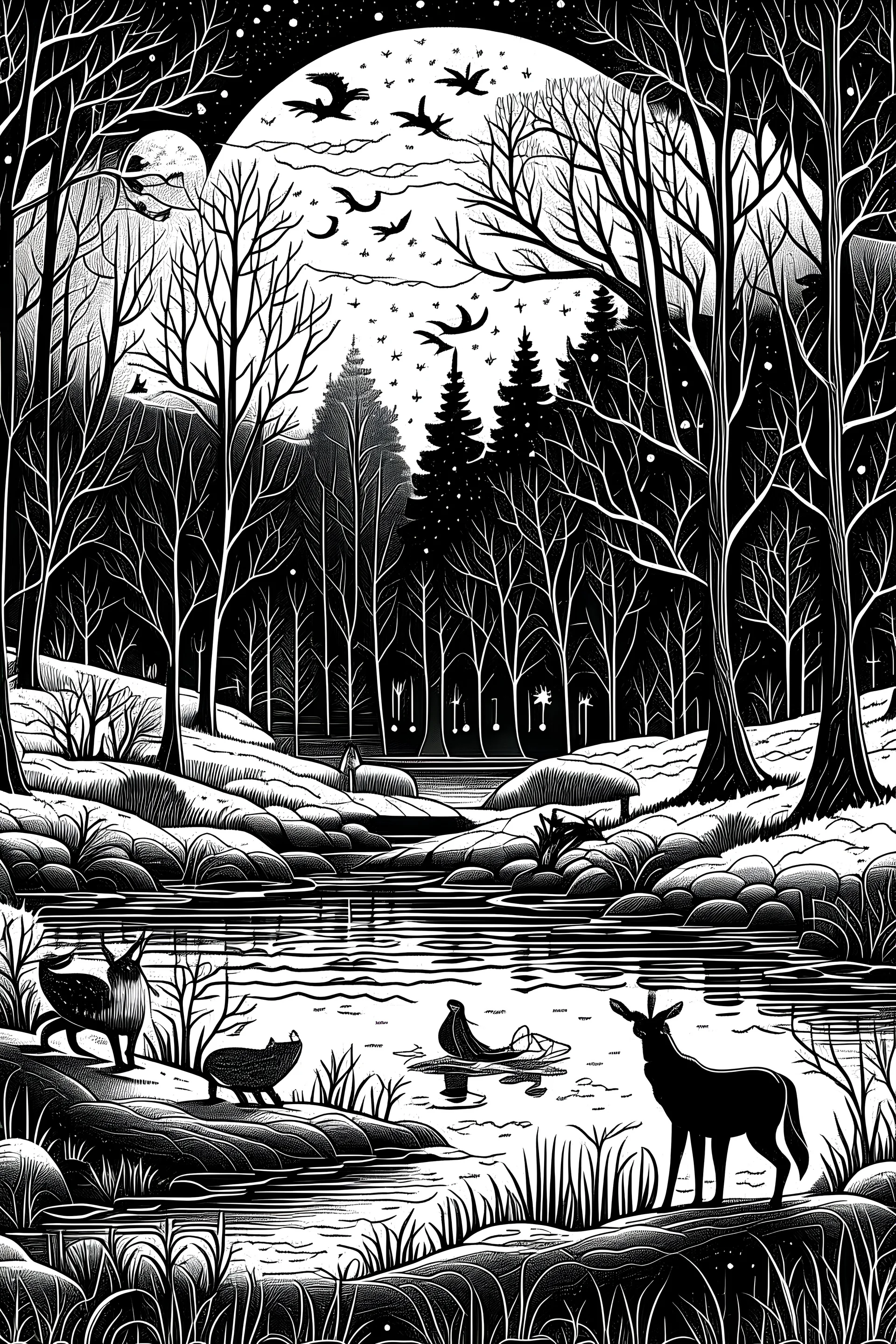 flat vintage winter night scenery with realistic trees, animals, river and plants elegant engraving in black and white