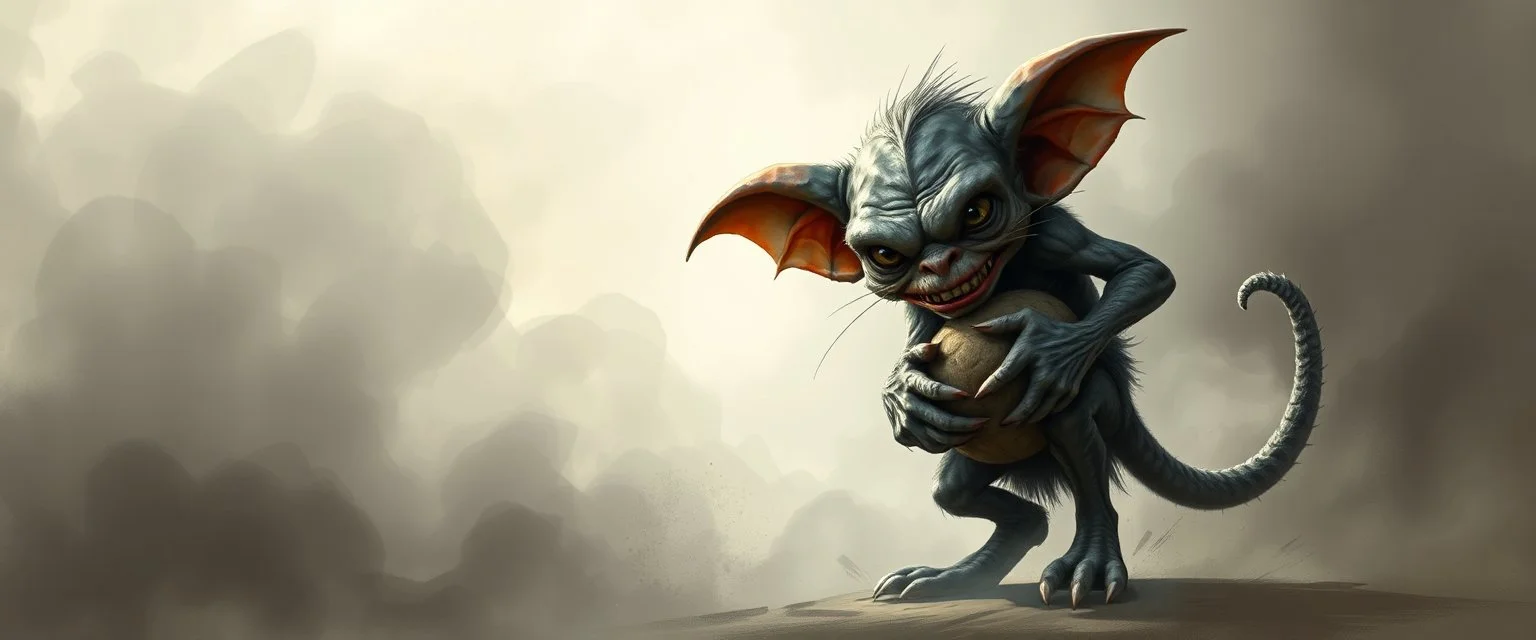 air brush 3d with pen outline, mongrel goblin gremlin holding big big cat monster with blurred shadow outline, charcoal fog border