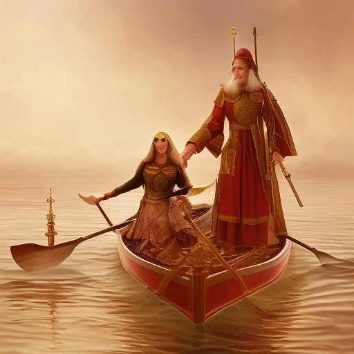 upper bodies of priest & priestess in rowing boat, church half burried in red sand, deadpan, fantasy art, sharp sunlight, spring