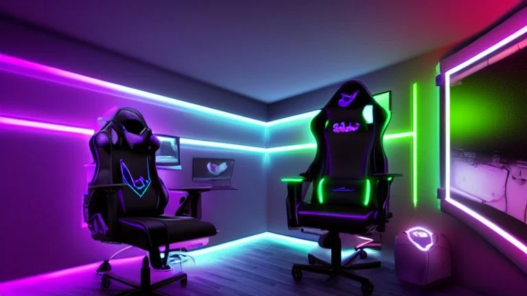 Dark purple and black gaming room with neon lights, gaming chair and PC with RGBs, realistic style, black cat sitting on the chair