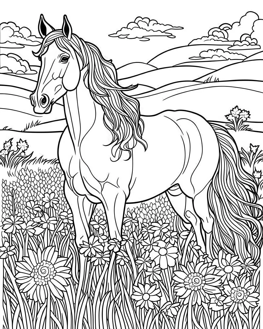 A horse with a flowing mane visiting a meadow. coloring page