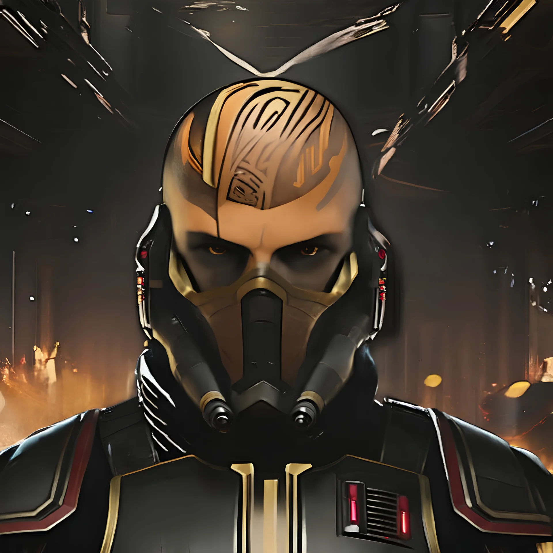 star wars bald male corellian jedi wearing gunmetal grey and black old republic armored flightsuit with gold and metallic red trim inside the jedi temple, centered head and shoulders portrait, hyperdetailed, dynamic lighting, hyperdetailed background, 8k resolution, volumetric lighting, light skin, fully symmetric details