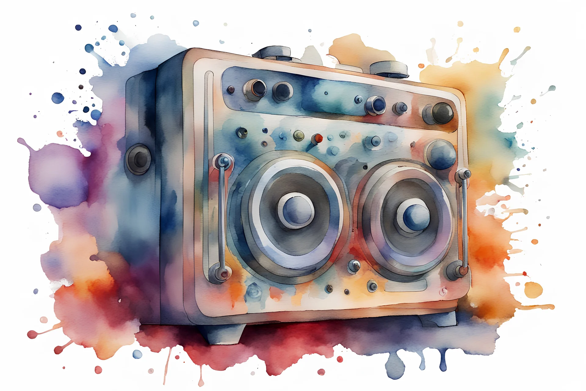 dynamic full art image watercolor art of amplification radio device with stereo speaker and knobs