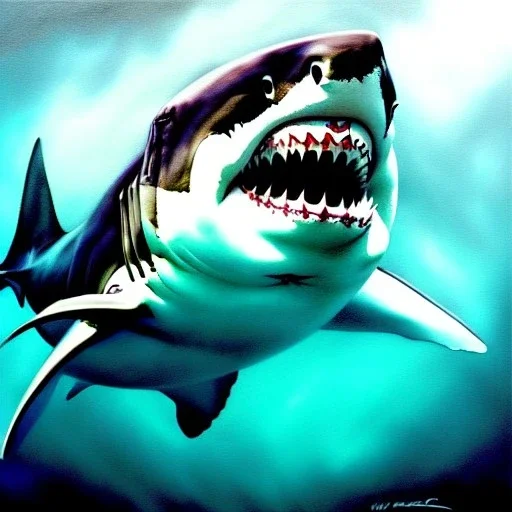 Epic fullsize oil Drawing of Photorealistic dramatic hyperrealistic,ultra realistic,hyper detailed, intricate, awesome, masterpiece, perfectly centered subject Great White Shark , underwater, daylight ,by WLOP, Artgerm, Rembrandt, 8k