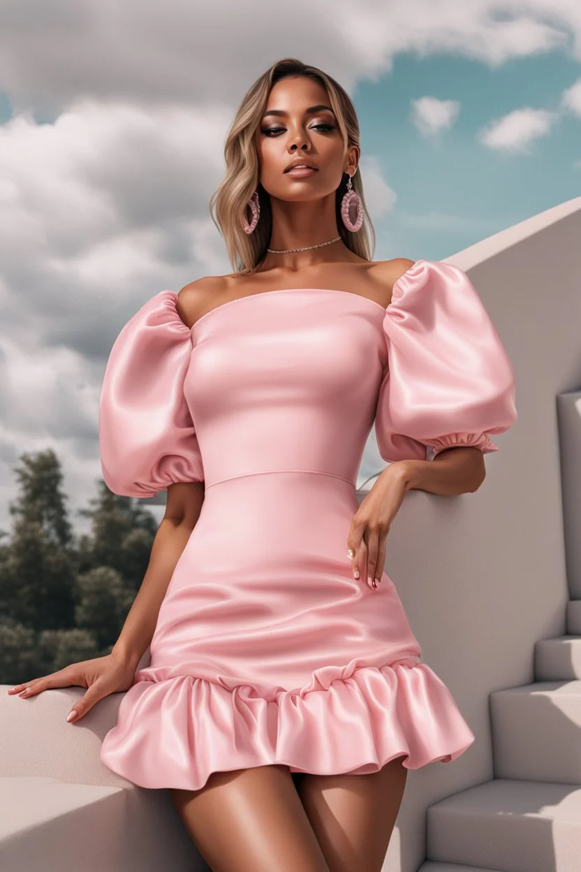 full-body photorealistic girl wearing a pink puff sleeves mini dress, photoreal, realistic, aesthetic nail art