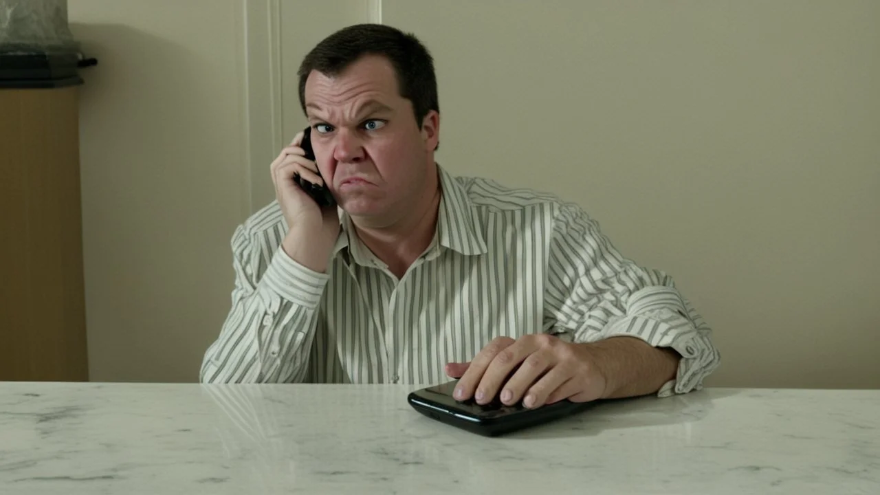 angry guy on phone at incomplete table next to marble tabletop