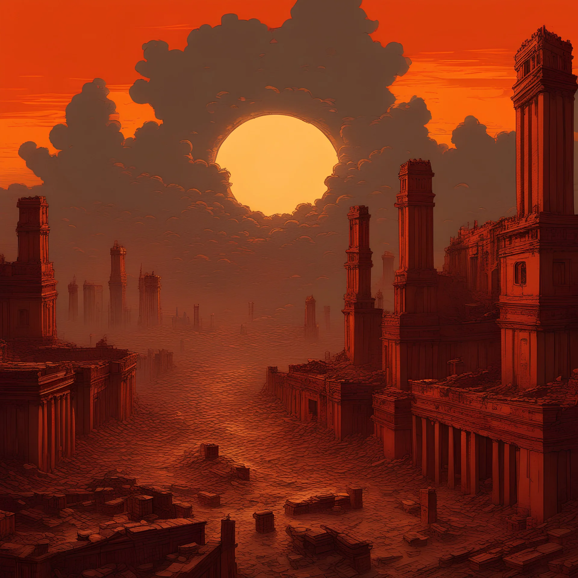 An illustrative depiction of a sprawling empire in decline, overwhelmed by its own grandiosity. Imposing structures, once symbols of power, now lie half-abandoned, their facades peeling off, revealing the crude bricks and mortar beneath. In the backdrop, an unsettling sunset paints the sky in ominous shades of orange and red, a metaphor for the end of an era. In this detailed image, the harsh reality of the empire's downfall is brought to life with a touch of poignant beauty.