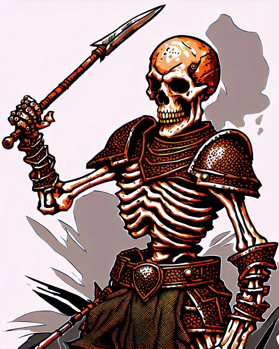 tabletop RPG skeleton warrior with spear and rusted chainmail rpg art no background