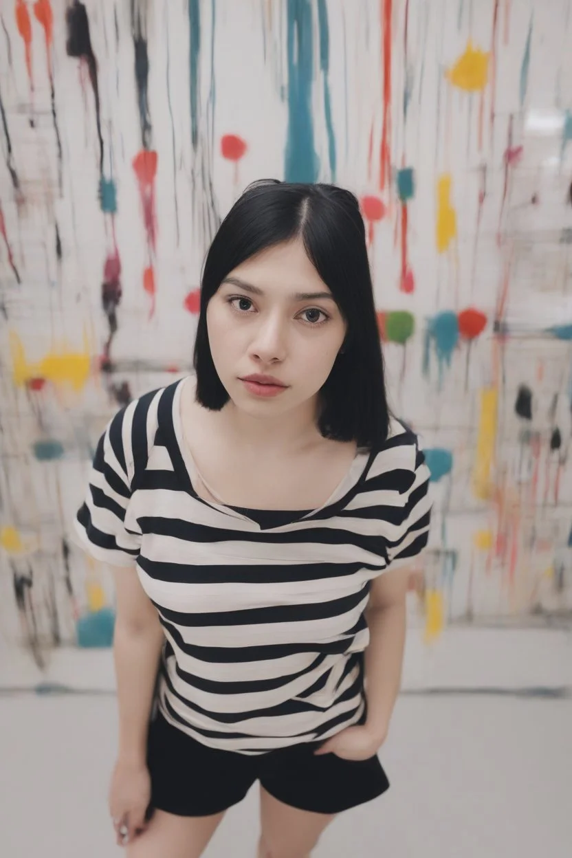 Maelyn Cordoba, with long, straight black hair, thick eyebrows, happy eyes, big lips, round face, pale skin, rosy cheeks, a bulbous nose, skintight, formfitting, short-sleeved, pull-over, blue and white-striped nylon mini dress with a black belt and converse sneakers, 8k, 4k UHD, Hyper realistic, realistic, extremely detailed, extremely Realistic, extremely lifelike, Photographic, Photorealistic, professional grade quality, high quality, focused, clear, cinematic,