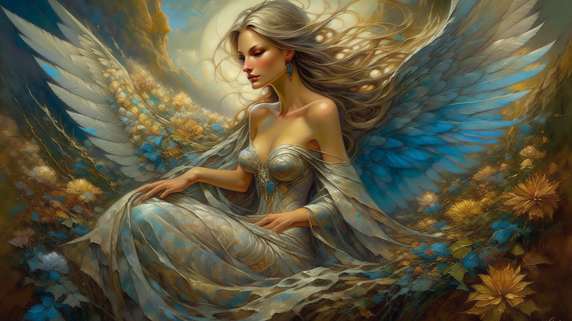 In the tranquil alcove of the wind, an ethereal guardian presides over the fragile essence of trusting in transient beauty. A radiant nymph with shimmering wings, delicate features, and eyes that reflect the shifting sky, she appears to be a painting brought to life. The exquisite image captures her serene grace in exquisite detail, showcasing the richness of color, texture, and emotion. Every brushstroke and hue harmonize to create a masterpiece that evokes a sense of awe and wonder.