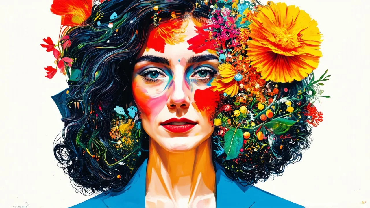 portrait of a woman in the style of surrealist art by Javier Mariscal, with microscopic details