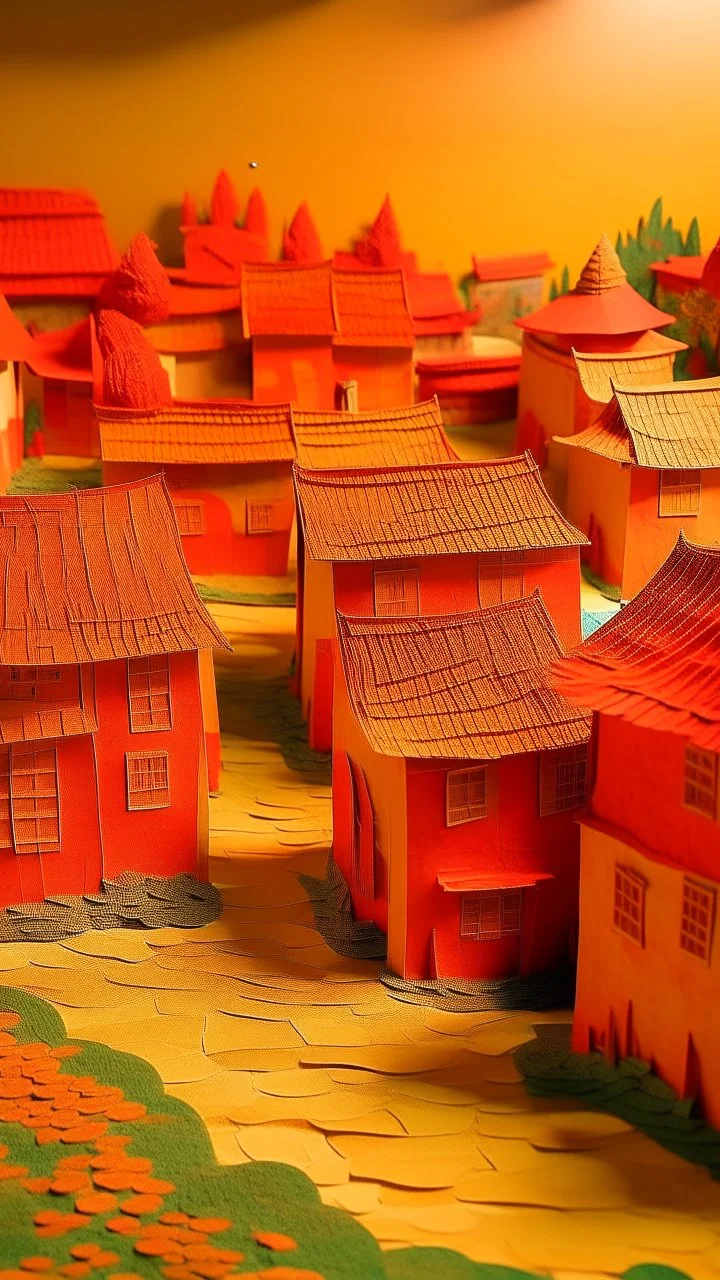 An orangish red spongy village designed in Chinese paper art painted by Johannes Vermeer