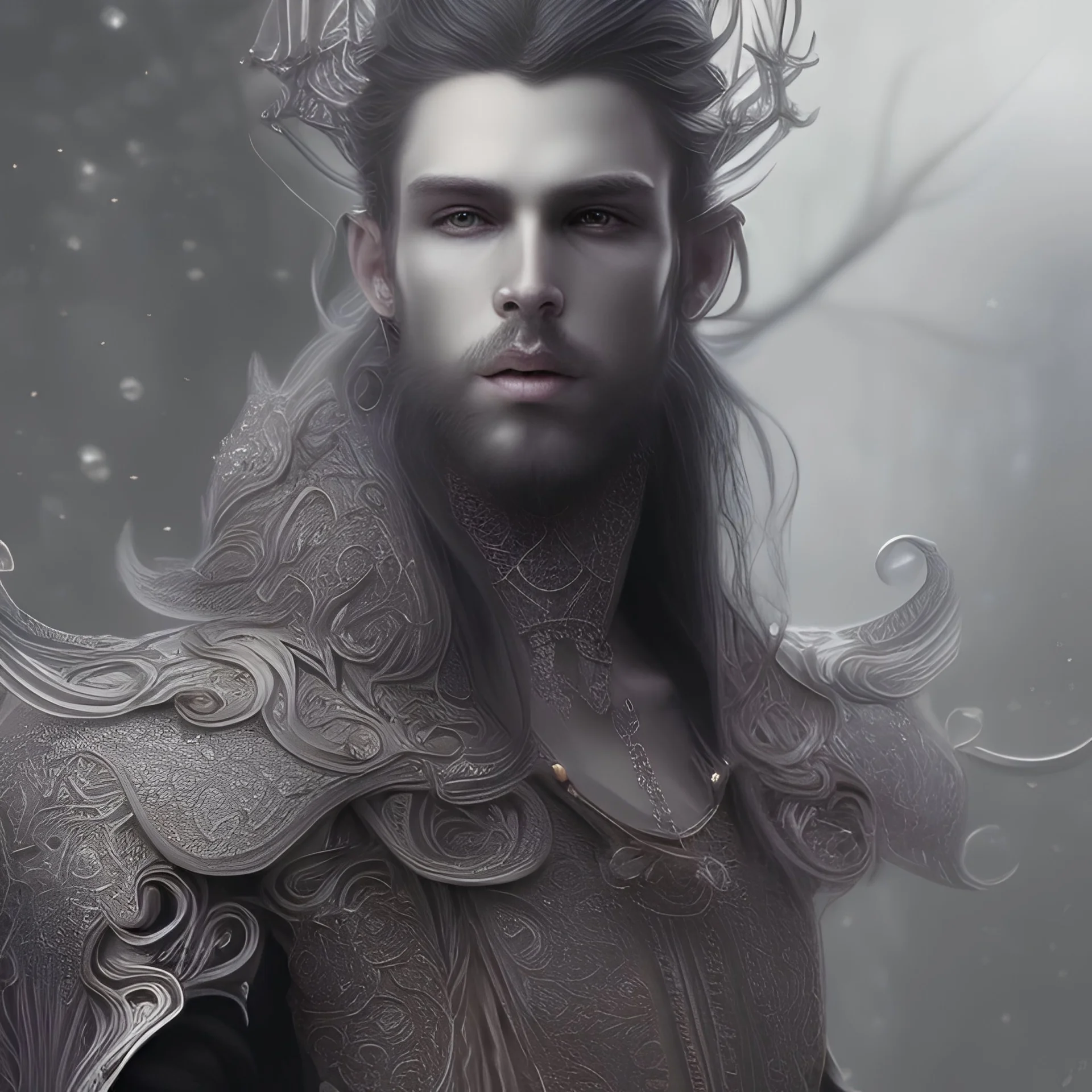 full body and head, realistic face, handsome, serene god of death wearing a black and silver robe, intricately handsome face "in the style of Laura Sava, gothic, deep color, fantastical, intricate detail, splash screen, complementary colors, fantasy concept art, 8k resolution, Unreal Engine 5"