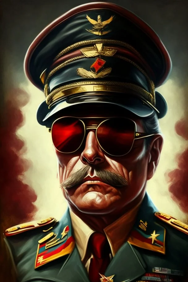 Make me a oil portrait from a dictator with sunglasses and cigar and many badges