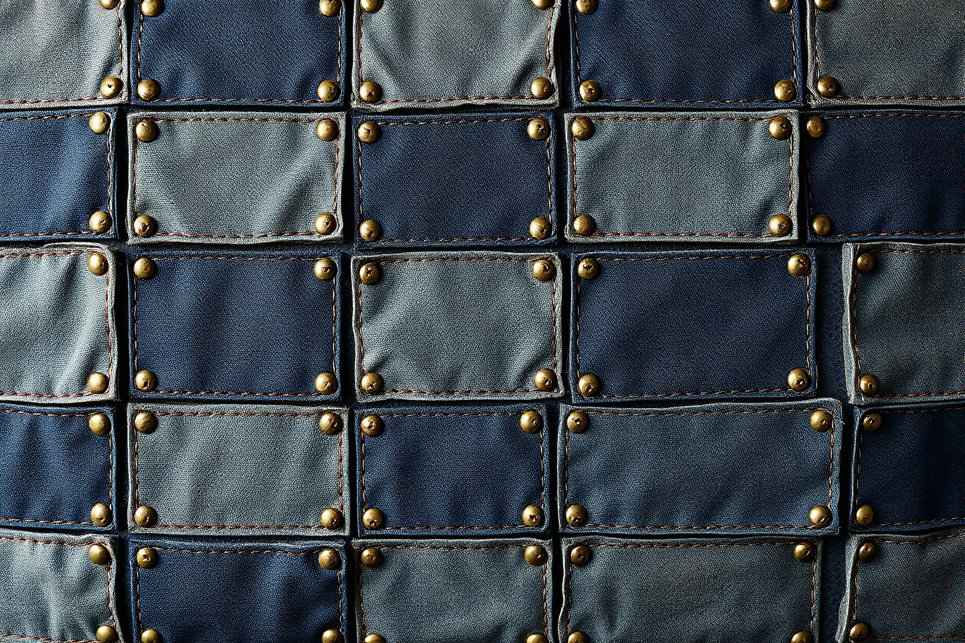 leather background covered with a grid of many rectangular weathered and faded canvas patches (navy blue) that are each stitched (brown) and nailed (brass) around the edges