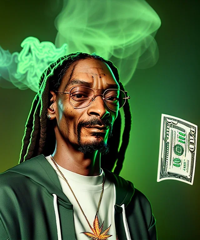 Snoop Dogg, weed burning with dollars, jungle background, hyper realistic