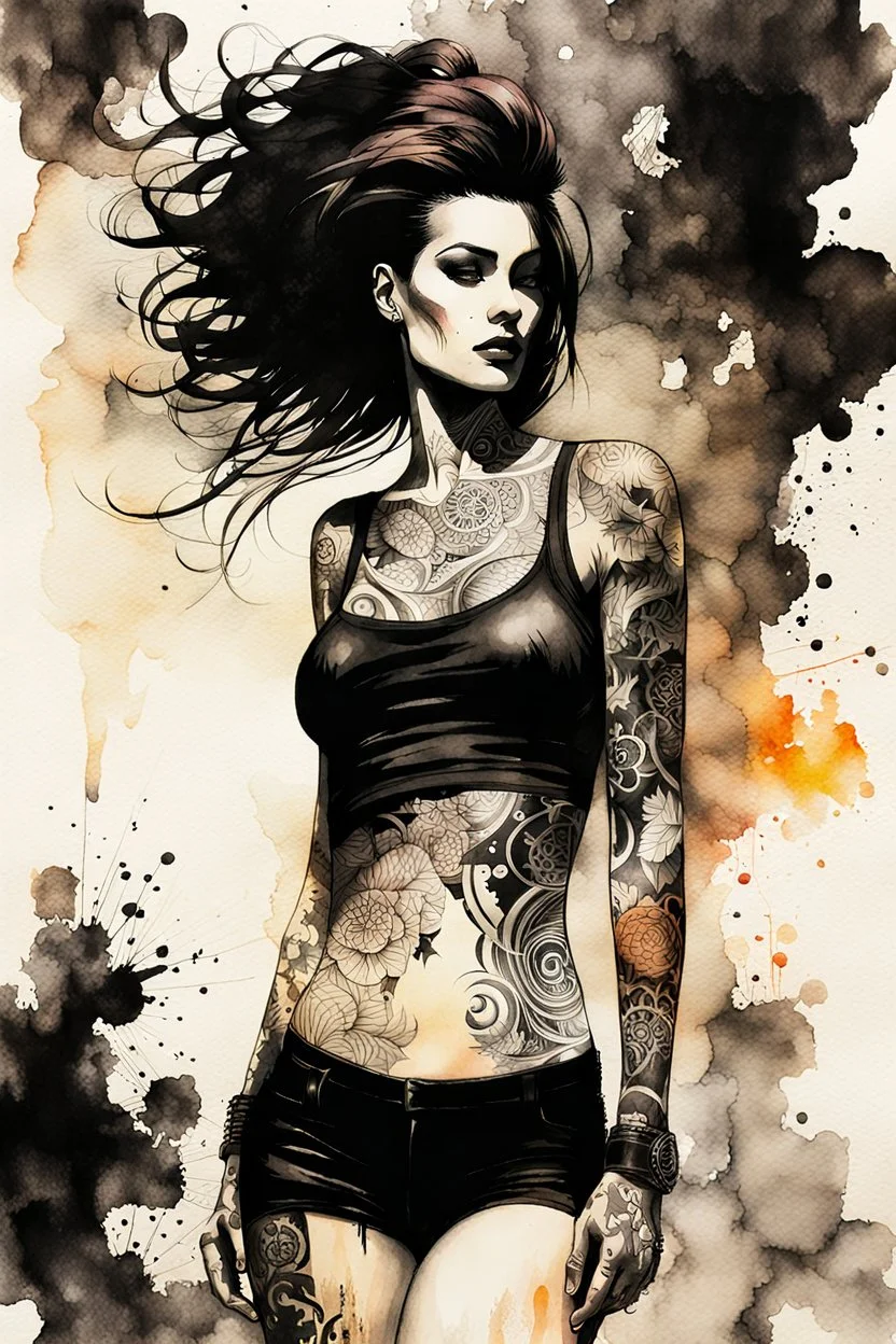 an abstract and serene ink wash and watercolor full body lithographic illustration of a tattooed goth girl with highly detailed hair and facial features , finely drawn and inked, 4k, hyper detailed and vibrantly colored in the comic art style of Bill Sienkiewicz and Frank Miller